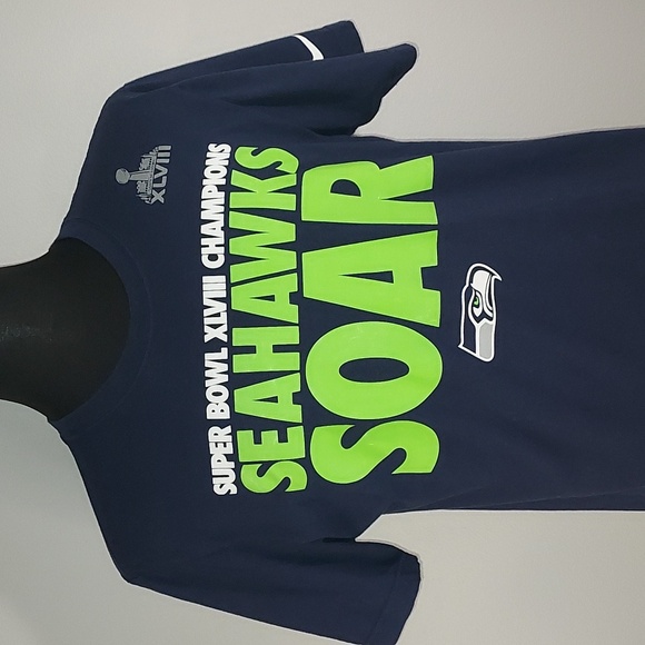 Nike Navy Blue Lime Green Seahawks Soar Superbowl XLVlll 48 Champions S/S Tee L - Picture 5 of 7